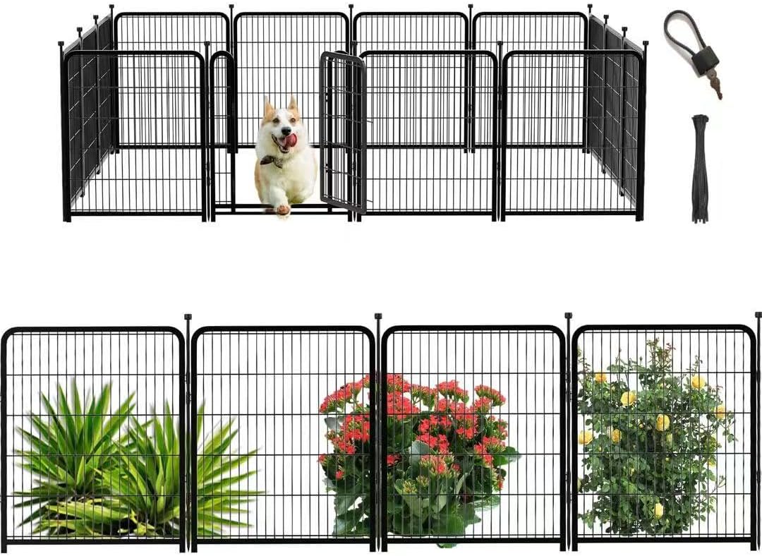Dog Playpen 48inch 12 Panels, Puppy Playpen Indoors, Dog Fence Outdoor for Yard, Wide Door Low Threshold Garden Fence for Medium/Large Pets. Black Dog Pens Total 26.6 Ft(L)