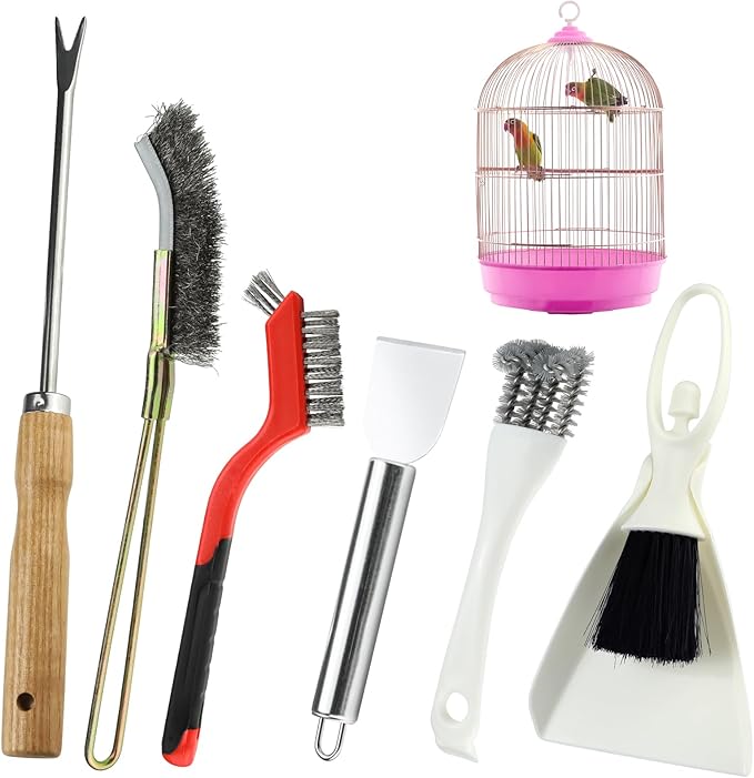 6PCS Bird Cage Cleaning Brush Tools Set, Stainless Steel Bird Poop Remover Scraper Birdcage Accessory