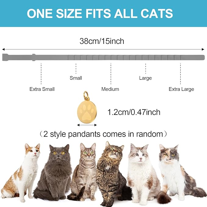 4 Pcs Cat Calming Collar Adjustable Lavender Scent Relaxing Cat Collar with 2 Pendant for Puppies Reduce Stress Aggression Anxious, up to 15 Inches(Grey, Silver)