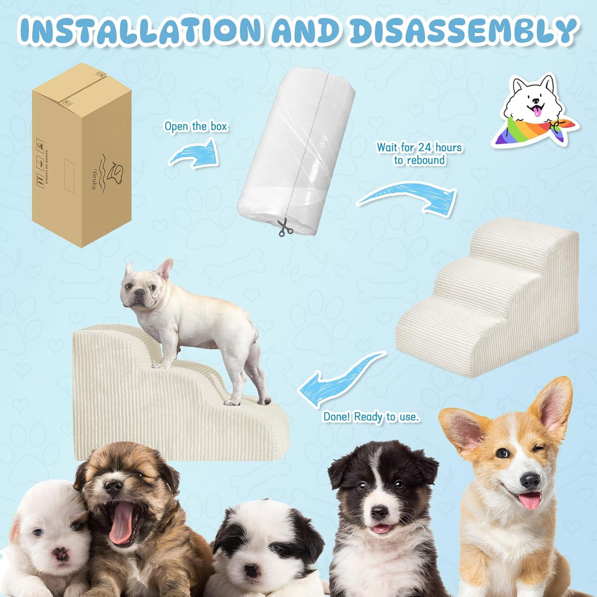 Dog Steps for Small Dogs, 3-Step Pet Ramp Stairs for High Beds and Sofa, Non-Slip Pet Stairs for Small Dogs and Cats, Removable and Easy to Clean Cover, Beige