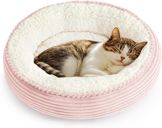Love's cabin Round Donut Cat and Dog Cushion Bed, 20in Pet Bed for Cats or Small Dogs, Anti-Slip & Water-Resistant Bottom, Super Soft Durable Fabric Pet beds, Washable Luxury Cat Dog Bed Pink Stripe