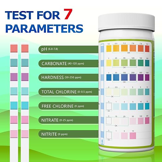 Aquarium Test Strips - Aquarium Water Test Kit - 150 Fish Tank Testing Strips for Freshwater - Pond Water Tester Kits - Rapid Accurate Easy to Test pH, Carbonate, Hardness, and More (7-Way)