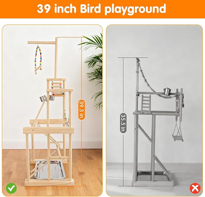 Bird Playground 4 Layer, Parrot Perch Stand Bird Play Stand for Parakeet Conure Cockatiel Lovebird Budgie, Parrot Playground with Feeder Cups, Ladder, Chain Toy, Swing and Detachable Tray