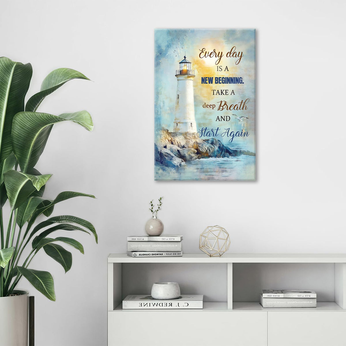 Ocean Lighthouse Pictures Wall Art, Coastal Nautical Bathroom Wall Decor Every Day is a New Beginning Motivational Quote Framed Painting Canvas Artwork for Bedroom Living Room Decorations 24"L x 16"W