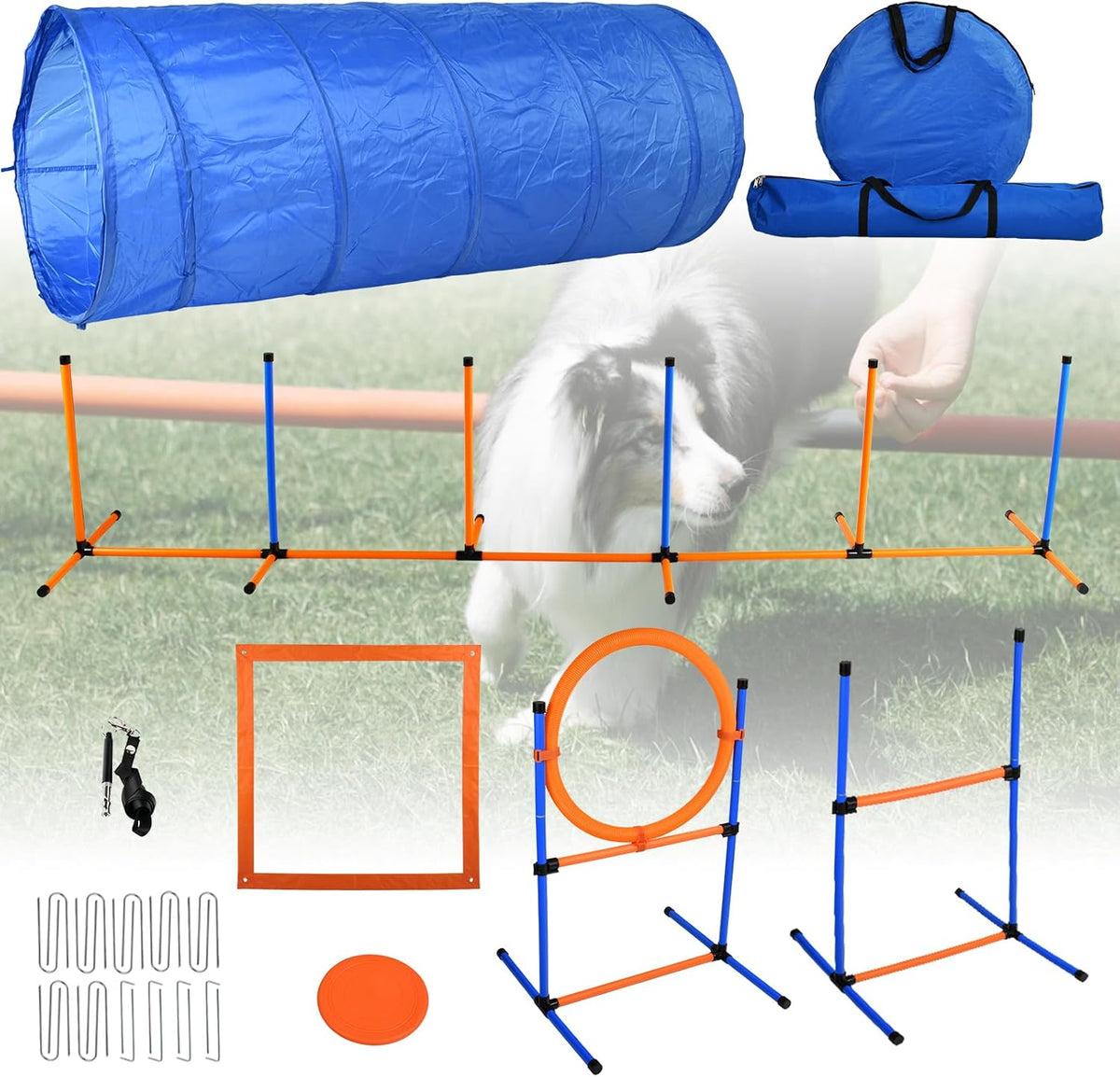 Agility Training Equipment for Dogs, Dog Agility Course Backyard Set Include Tunnel, Jumping Ring, Pause Box, 6 Weave Poles with Carry Bags