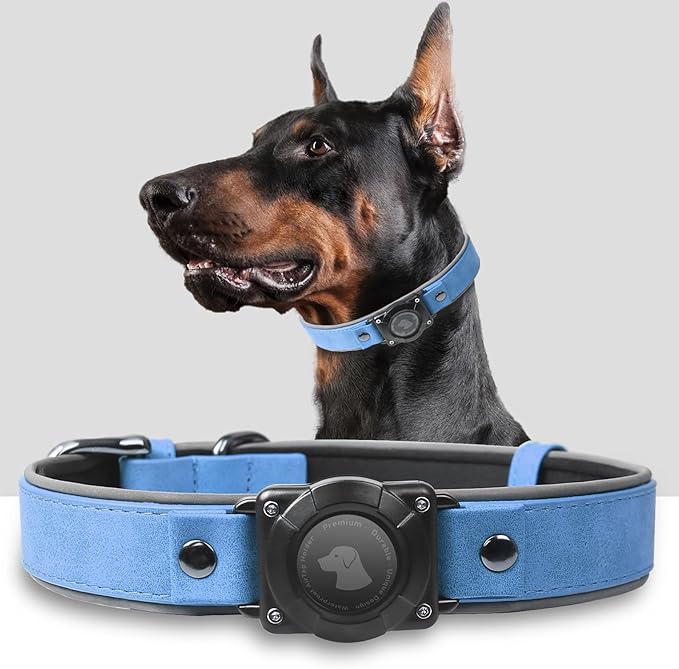 AirTag Dog Collar - Leather Dog Collar with Air Tag Holder | IPX8 Waterproof, Reflective, High - End, Adjustable Soft Padded | Dog GPS Tracker Collars Fit for Medium Large Dogs (Blue, XL)
