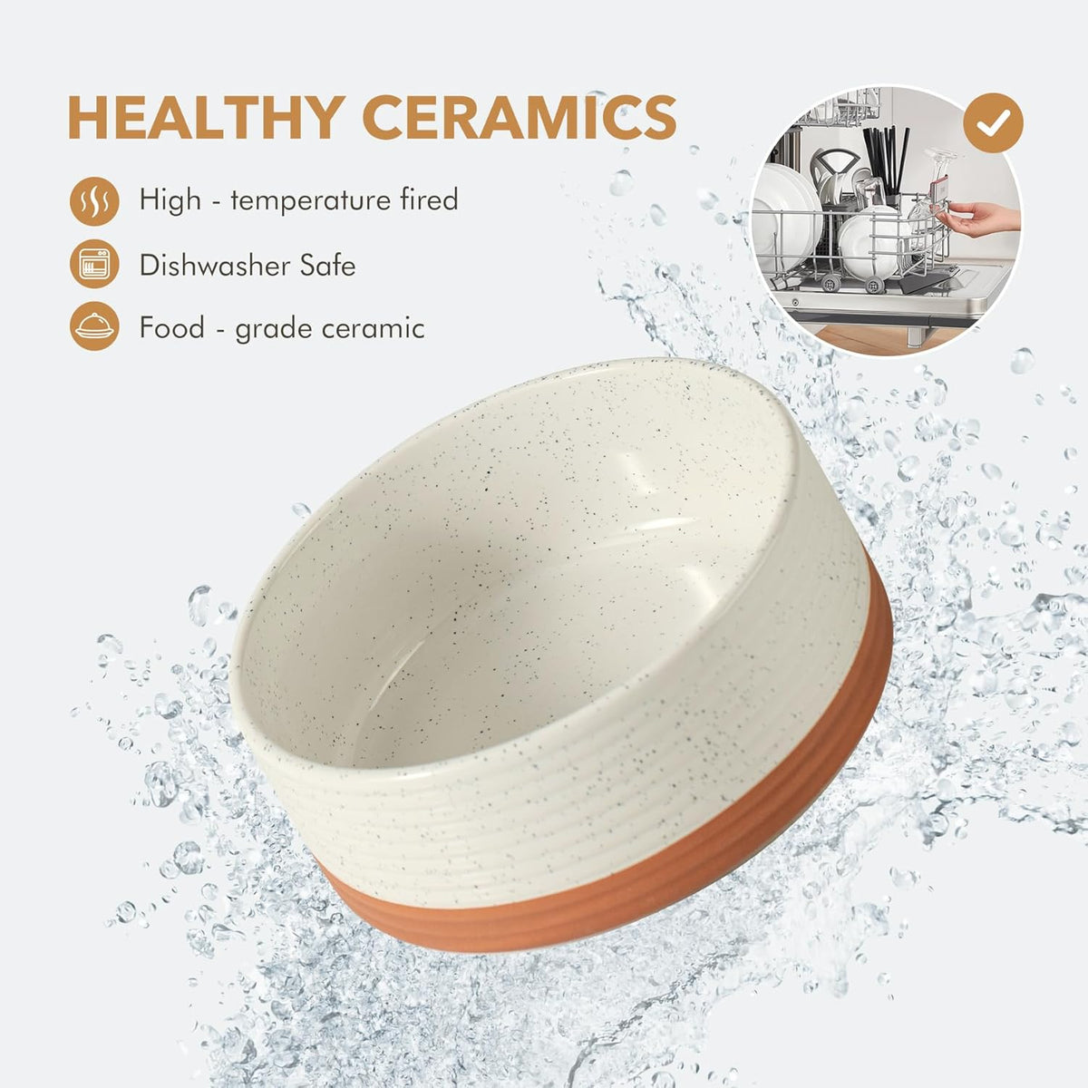 Ceramic 5.1inch Raised Double Bowls Set with Acacia Wood Stand, 2 Heights Elevated, Food & Water Bowls for Puppy, Kitty, Cats(13.5oz, Vanilla White)
