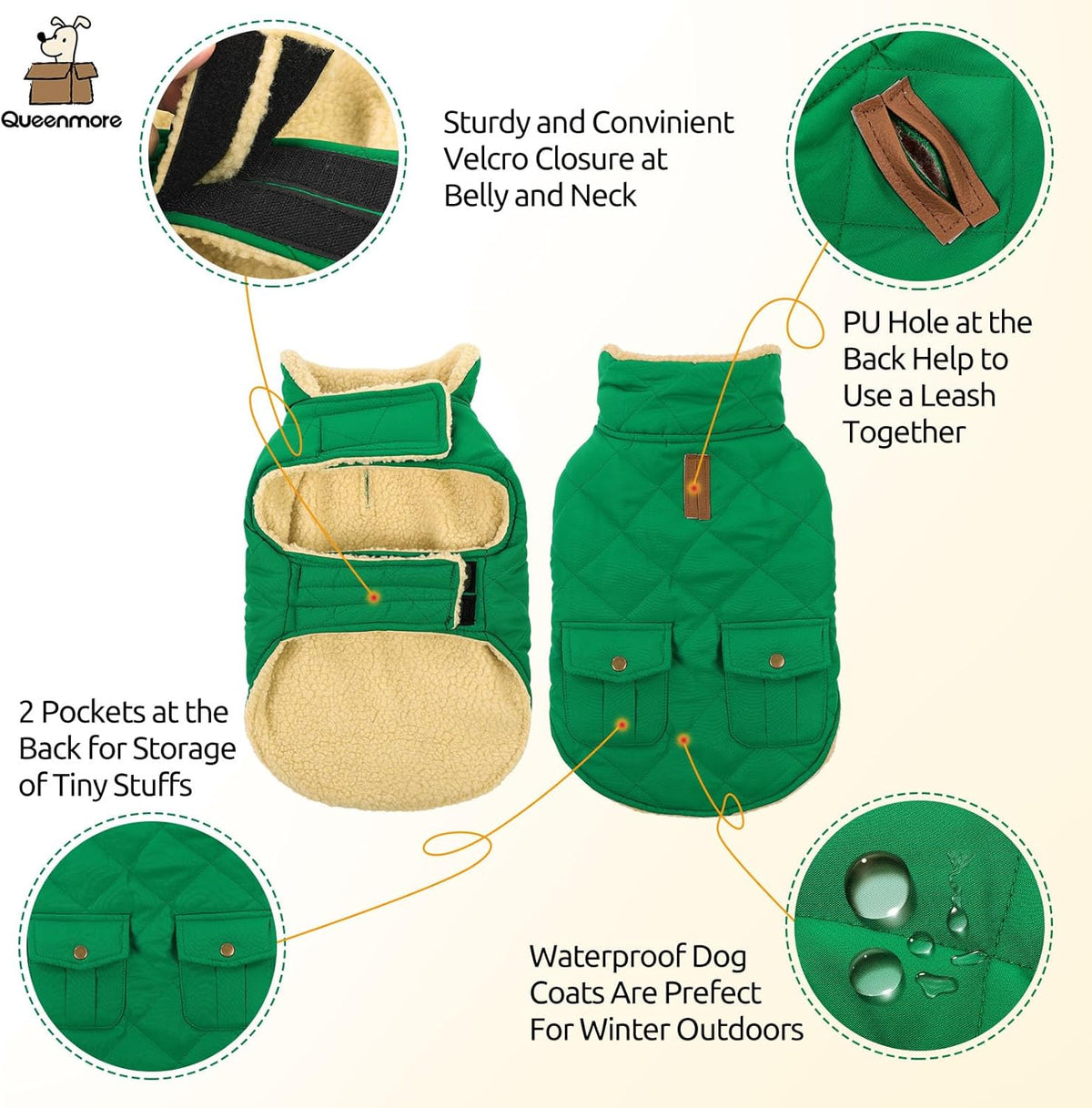Queenmore Warm Dog Coat, Cold Weather Puffer Dog Coat Vest, Quilting Winter Pet Jacket Ultra Thick Plush Fleece Lining Pet Clothes for Dogs with Storage Pockets (Forest Green, X-Small)