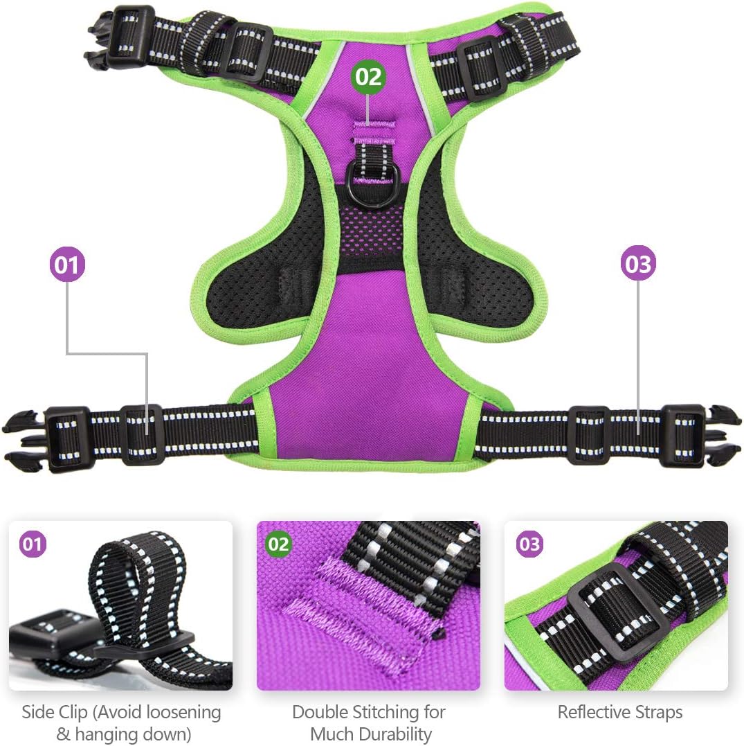 PHOEPET 2019 Reflective Dog Harness Large Breed Adjustable No Pull Vest with with Handle 2 Metal Rings 3 Buckles [Easy to Put on & Take Off](XL, Purple)