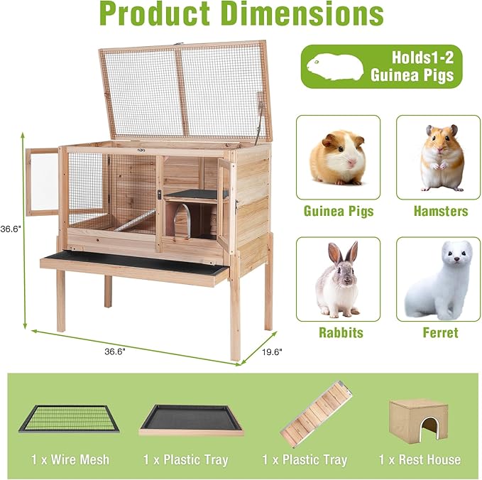Indoor Bunny Cage Guinea Pig Cages - Wooden Small Animal Cage Rabbit Hutch with Chew-Proof Ramp, Pull-Out Tray, Leakproof PVC Layer & Detachable Legs for Rabbits, Guinea Pigs (Natural Wood)