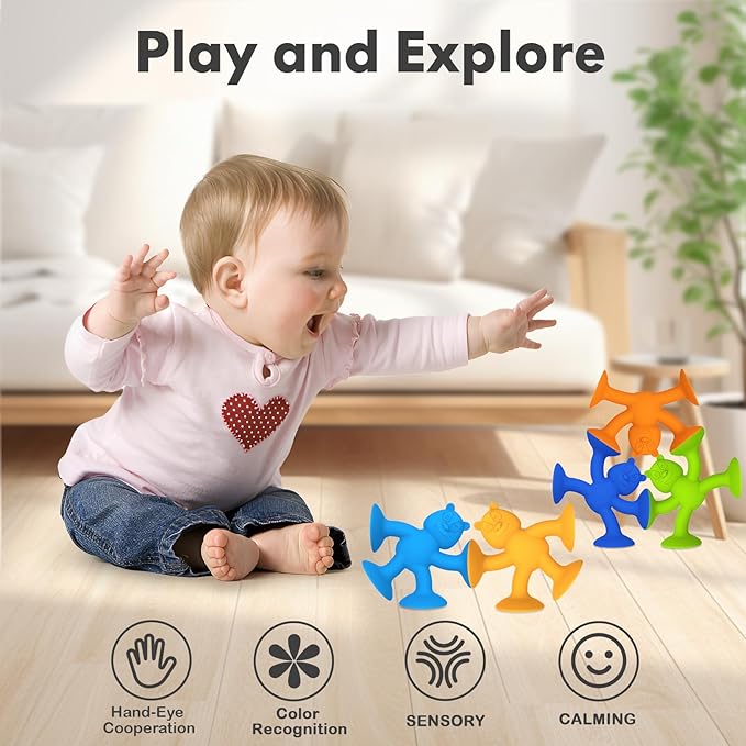 Unique Suction Bath Toys for Baby Kids Ages 1-3, No Hole Bath Toy Silicone Animal Sensory Fidget Toys for Baby Tray Window Travel, 6 PCS