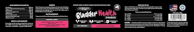 Bladder Health Dog & Cat UTI Remedy - Cranberry Supplement for Pet, Bladder, Kidney Support & Urinary Tract Health Powder with Cranberry & D-Mannose (120g - 120 Scoops)