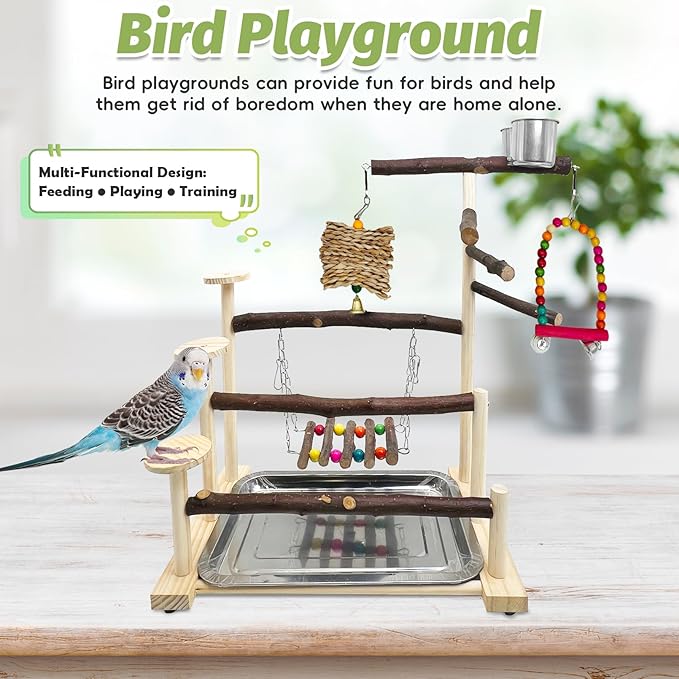 PINVNBY Bird Playground 9 PCS Parrot Perch Stand Play Gym Cockatiel Wood Bird Toys Birds Cage Accessories Playpen with Feeder Cups Hanging Swing Toys for Parakeet Conure Lovebird Cockatiel