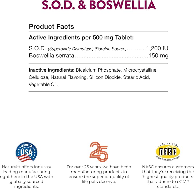 NaturVet S.O.D. & Boswellia Extra Joint Support Dog Supplement – Dog Hip Supplement – Helps Alleviate Aches, Pain – for Dog Flexibility, Healthy Joint Function – 150 Ct. Chewable Tablets