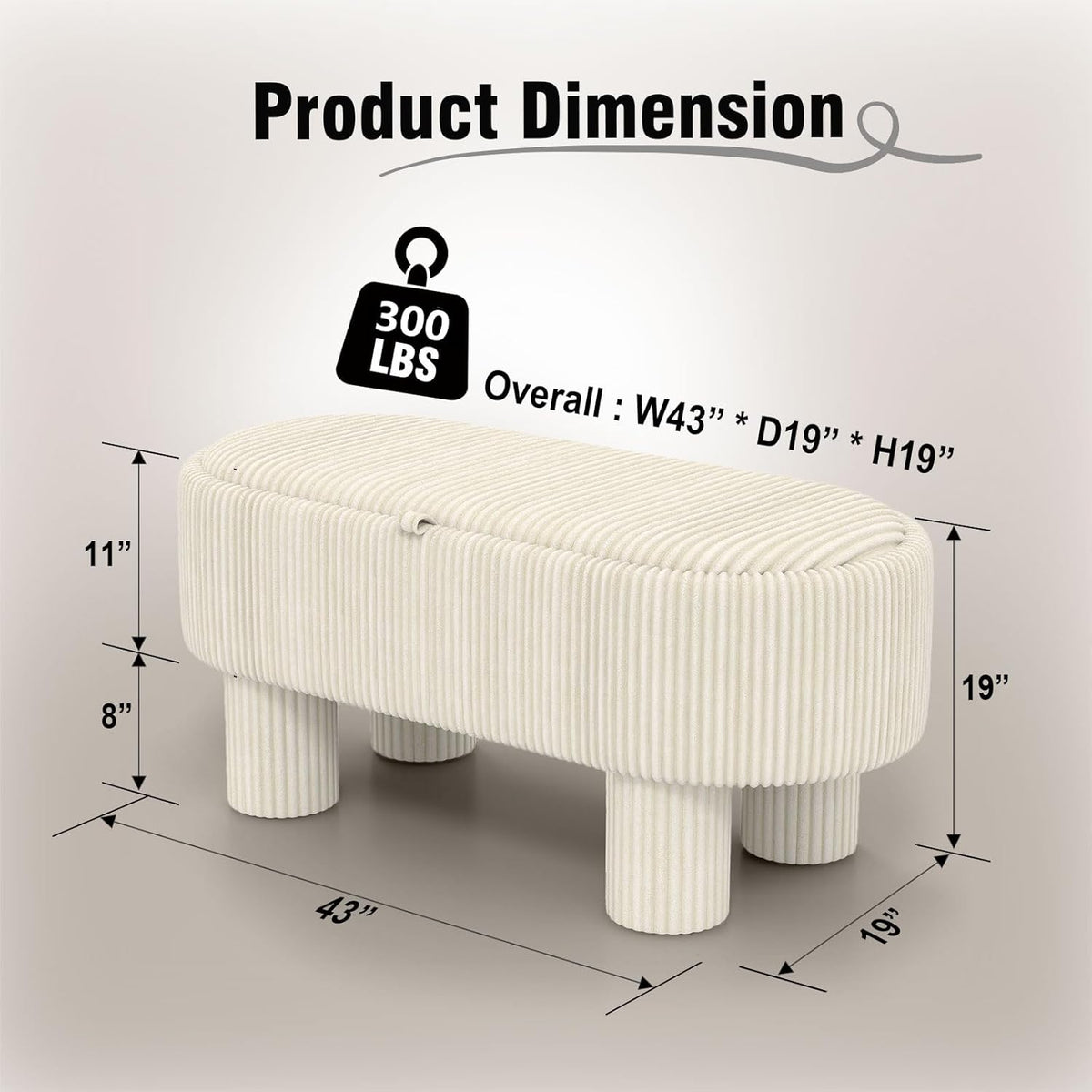 Corduroy Storage Ottoman Bench, 43" Upholstered Oval Footrest with Hidden Storage, Modern Design with Solid Wood Legs for Bedroom, Living Room, and Entryway Furniture, White