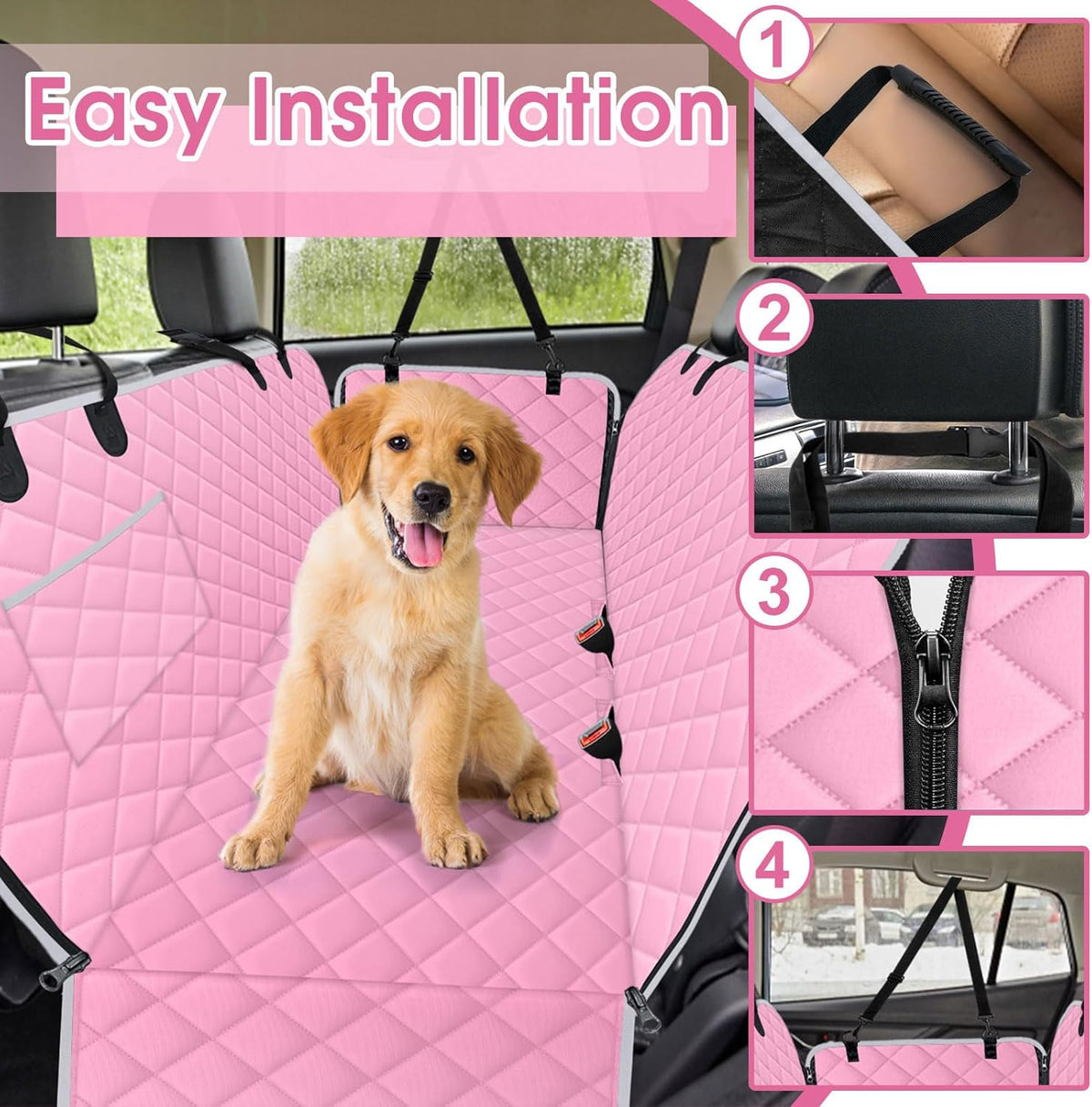 Waterproof Dog Car Seat Cover for Back Seat - Durable, Scratch Proof Pet Hammock with Nonslip Design & Storage Pockets, Fits Cars, SUVs, Trucks - L, Pink/Grey