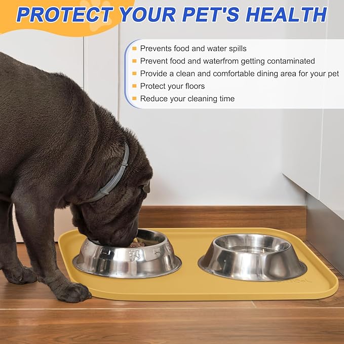Silicone Pet Feeding Mat with Raised Edge for Food and Water, Dog Bowl Mats, Cat Bowls Placemat with High Lip for Floor Waterproof, Rubber Tray for Cats and Dogs 22 x 14 x0.8 Beige