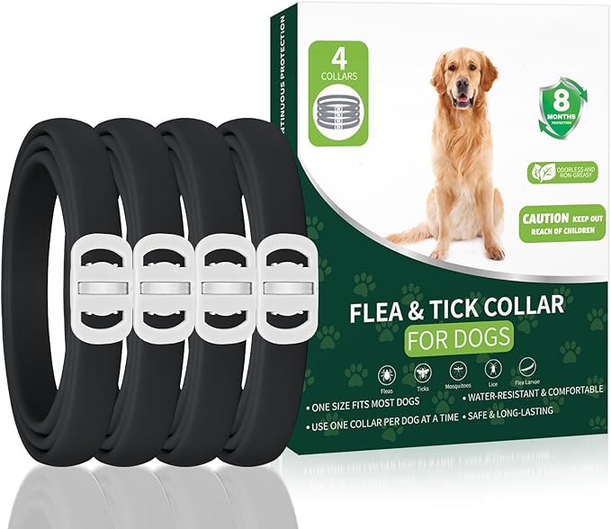 Flea and Tick Prevention for Dogs, 4 Pack Flea Collar for Dogs, Dog Flea and Tick Treatment, 32 Months Protection, Waterproof, Adjustable Collar for Dog, One Size Fits All for All Breeds, Black