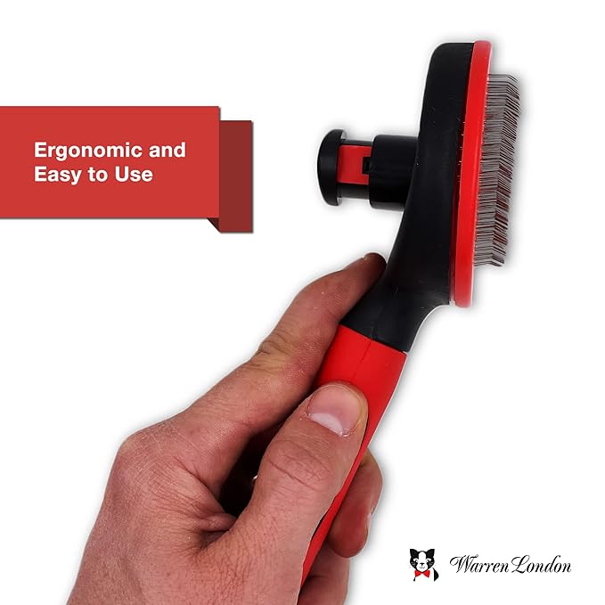 Warren London Self-Cleaning Cat Pin Brush | Push-Button Fur Ejector, Bead-Tipped Nylon Pins – Gentle Shedding & Detangling for Cats, Kittens, Rabbits, Ferrets & Small Dogs | Ergonomic Anti-Slip Grip