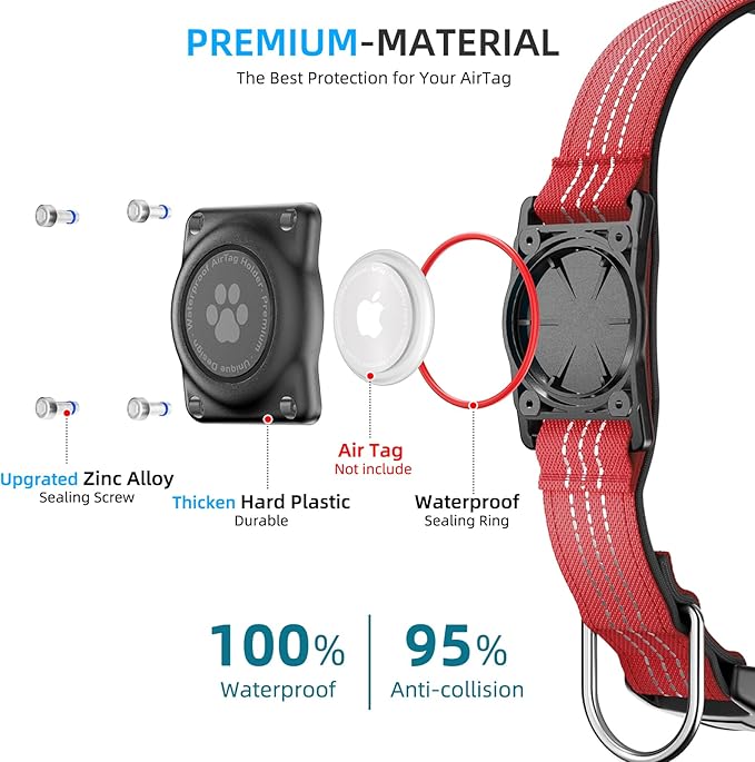 Upgraded AirTag Dog Collar, IP68 Waterproof Air Tag Dog Collar Holder, Reflective, Ultra-Durable, Comfortable Padded, Heavy Duty Dog Collars for Small Medium Large Dogs (M (12.6"-17.1"), Red)