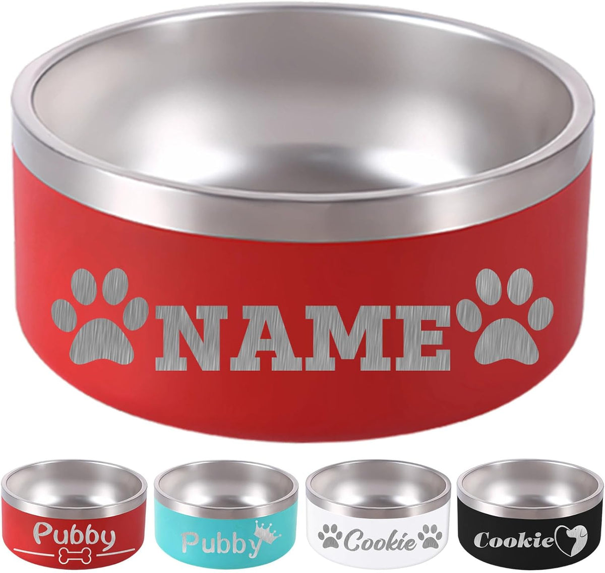 18OZ Personalized Dog Bowl Laser Engraved Custom Pet Name 18/32/42/64 oz No Slip Stainless Steel Insulated Bite-Resistant Food Water Dishes-Red