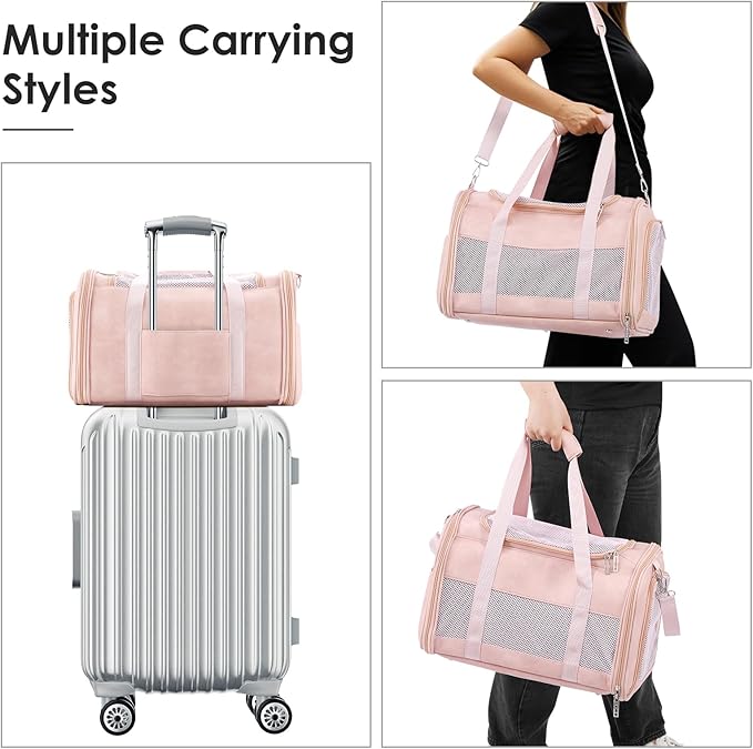 Fashion Leather Dog Carrier, Airline Approved Cat Carrier Soft Sided Pet Bag Carrier Purse for Puppy Kitten Small Animals Pink