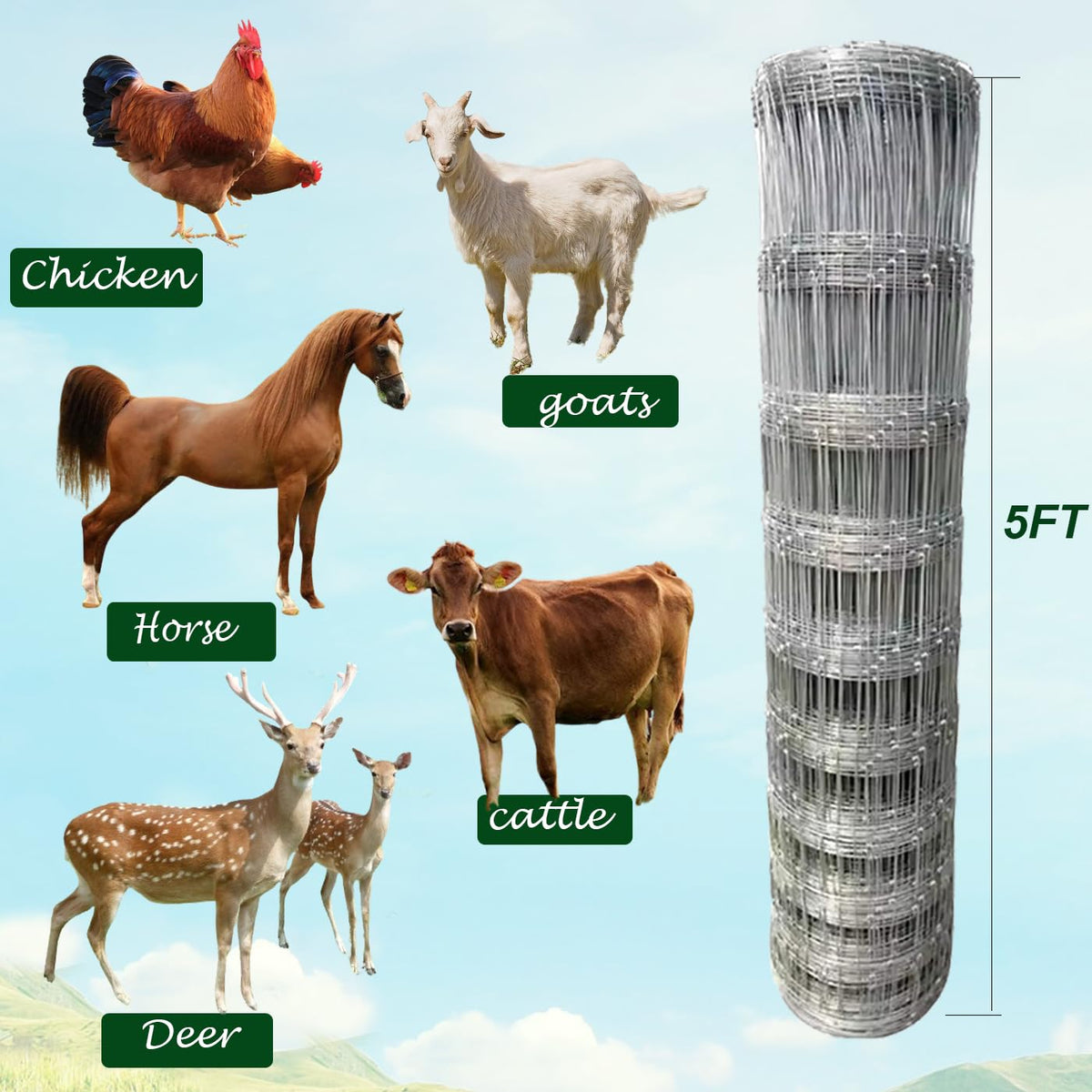Farm Fence 5x164FT, Galvanized Wire Fencing, Zinc Coated Cattle Fences Used to Hog Goat Fencing for Yard Garden and Field