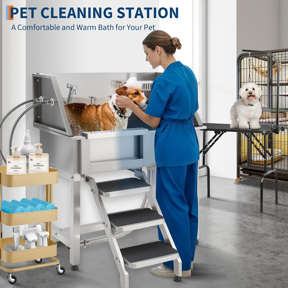 Stainless Steel Dog Washing Station - Dog Bath Tub for Large, Medium, Small Dogs, Pet Grooming Tub with Ramp, Non-Slip Grate, Shower, Soap Box, Faucet, Drain for Home & Outdoor （Left RAMP, 38"）