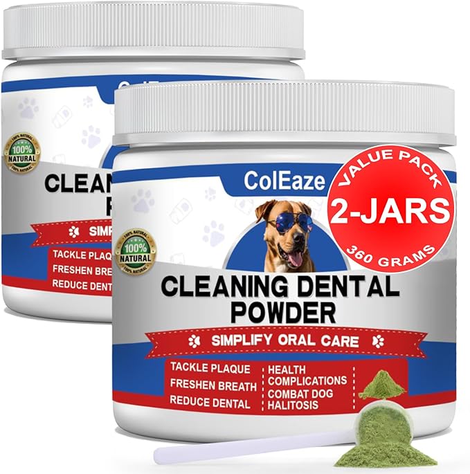 Dog Teeth Cleaning Powder, Dog Dental Powder and Breath Freshener, Plaque Off Pet Tooth Cleaning lab co, Bad Breath & Tartar Remover for Dogs, Natural Herbal Blend - All Breeds & Sizes