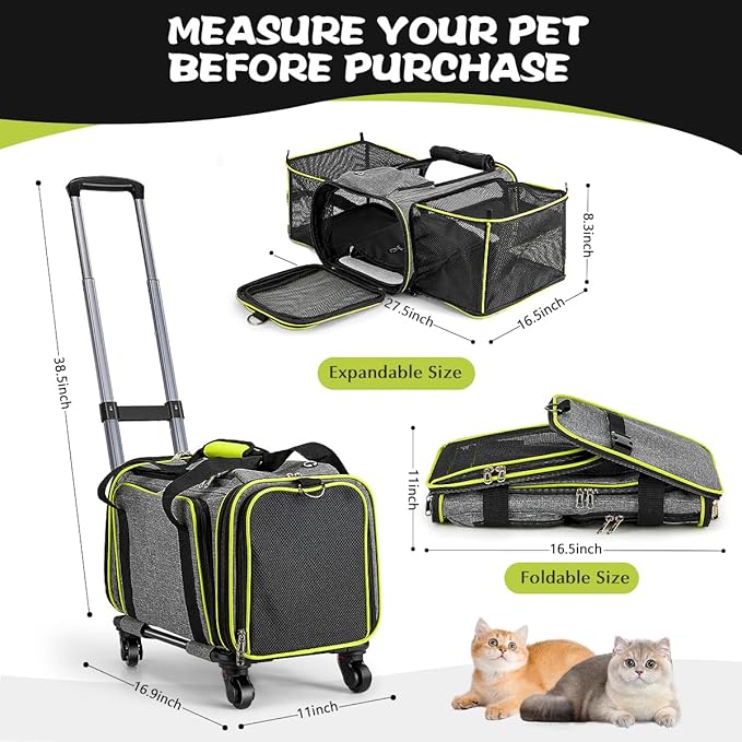 Pet Carrier with Wheels for Cat and Small Dog, Expandable Airline Approved Pet Carrier for Animal Under 15 lbs, Rolling Cats Puppy Carriers Travel Bag for Traveling and Camping