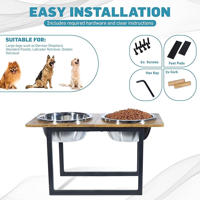 Elevated Dog Bowls for Large & Extra Large Breed Dogs - Raised Dog Feeding Station with Two Stainless Steel Bowls - Helps to Reduce Strain on Dog’s Neck & Joints - 3500 ML Capacity