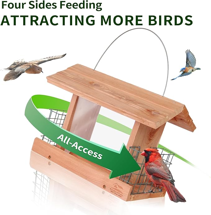 Solution4Patio US Cedar Hopper Bird Feeder for Outdoors Hanging, Handcrafted Wood Double Suet Cage & Clear View Windows, Squirrel-Proof Wild Bird Feeder for Cardinals, Finches, Chickadees