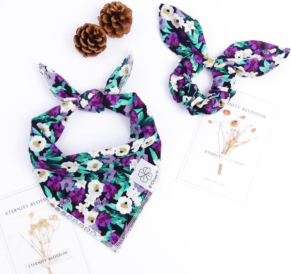 E-Clover Dog Bandanas & Matching Scrunchie Set Dog Bandana Scarf Bibs Washable Kerchief for Medium Large Dogs & Pet Owner Purple Halloween Accessories