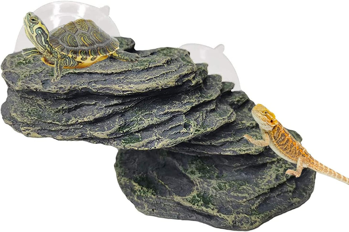 kathson Turtle Basking Platform with Suction Cup Tortoise Climbing Rest Terrace Resin Step Decoration Reptile Habitat Rock Decor for Frogs,Lizards,Geckos,Bearded Dragon-L