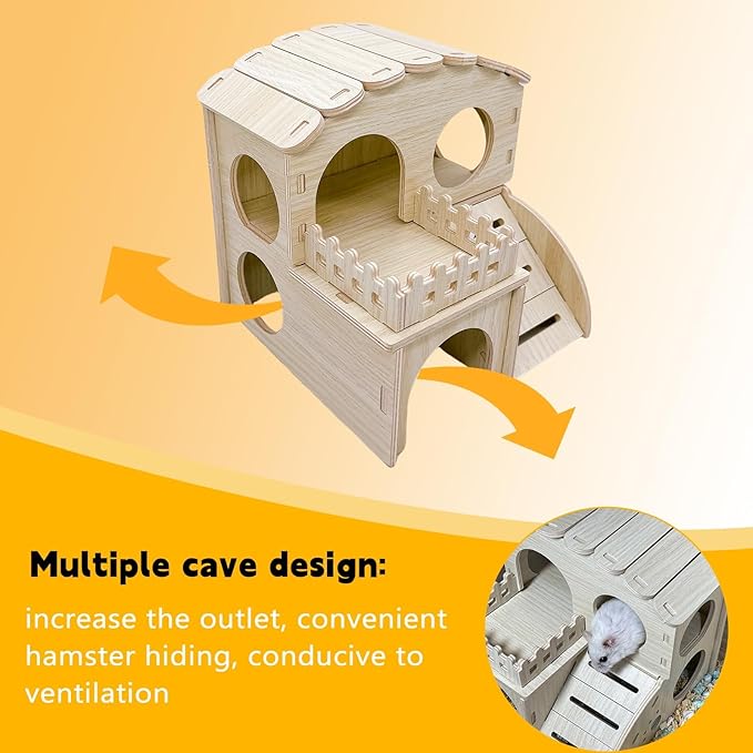 Hamster Wood House Wooden Hamster Hideout Maze Double-Decker Huts with Climbing Ladder for Syrian Dwarf Gerbil Mouse