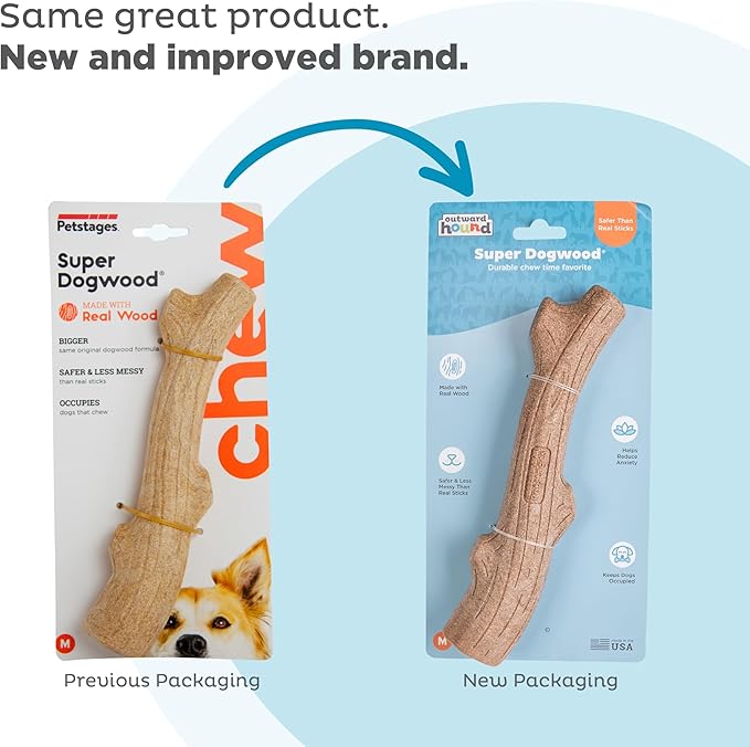 Petstages Outward Hound Super Dogwood Durable Dog Chew Toy, Medium - Long Lasting Chew Stick Made with Real Wood - USA Made, M