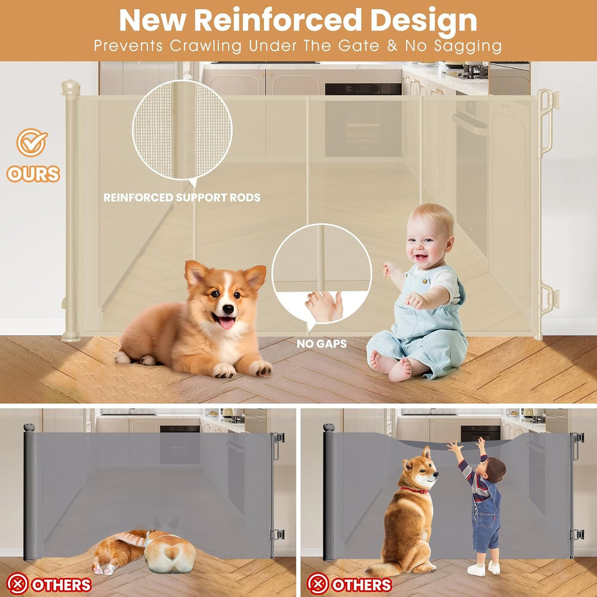 Reinforced Retractable Baby Gate or Mesh Dog Gate,Easy to Use for Stairs, Doorways, Hallways, Indoor, Outdoor, Wide Pet Gate 33.5" Tall, Extends to 45" Wide, Cream