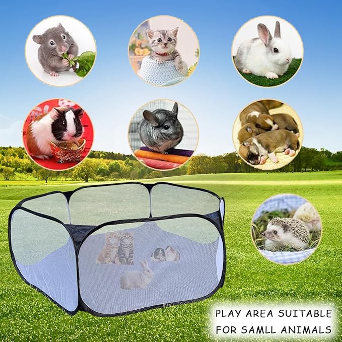 Small Animals Tent, Breathable Transparent Pet Playpen Pop Open Outdoor/Indoor Exercise Fence, Portable Yard Fence for Guinea Pig, Rabbit, Hamster, Chinchillas and Hedgehogs