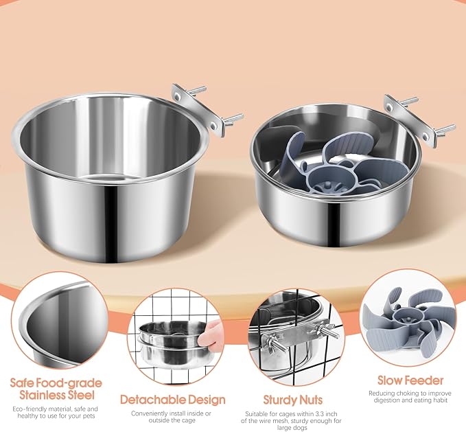 2 Pcs Large Pet Dog Food Water Bowl with Slow Feeder Insert for Cage, Crate Stainless Steel Non-Spill Kennel Hanging Cat Bowls with Clamp Holder for Medium Large Dogs (7.1x3.5'' & 6.3x2.6'')
