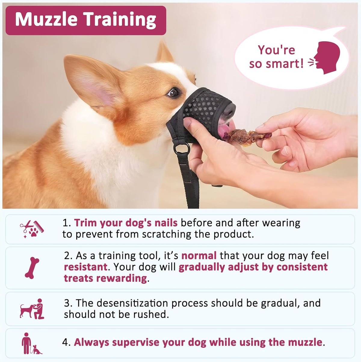 LUCKYPAW Soft Muzzle for Small Medium Sized Dogs, Dog Muzzle to Prevent Biting Chewing, Adjustable Breathable Mouth Guard for Grooming Walking Training(Hot Pink, XS)