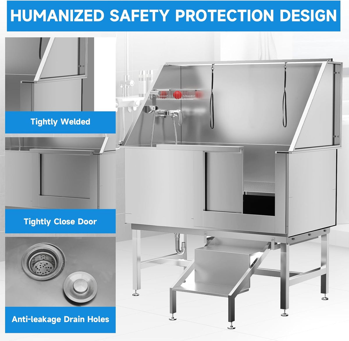 Dog Washing Station 50" Dog Grooming Tub with Right Stair& Faucet, Stainless Steel Dog Bathing Station for Home,Dog Bathtub for Large,Medium,Small Pets