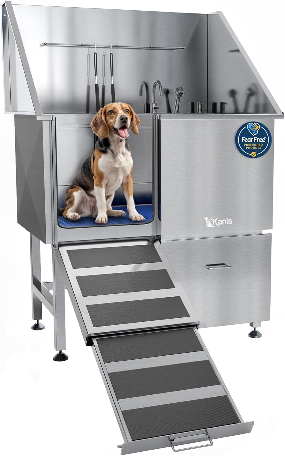 KANIS Professional Dog Washing Station - 304 Stainless Steel Pet Wash Sink & Grooming Bath Tub for Home with Ramp, Shower, Floor Grate, Storage Drawer, Faucet, Drain Kit for Large, Medium & Small Pets