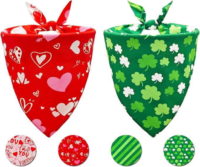 Valentine's & St. Patrick's Day Dog Bandana Set 2PCS-Large, Holiday Party Costumes, Pet Scarves for Boys and Girls, Dog Outfit Gifts for Medium to Large Dogs, Diverse Festive Styles