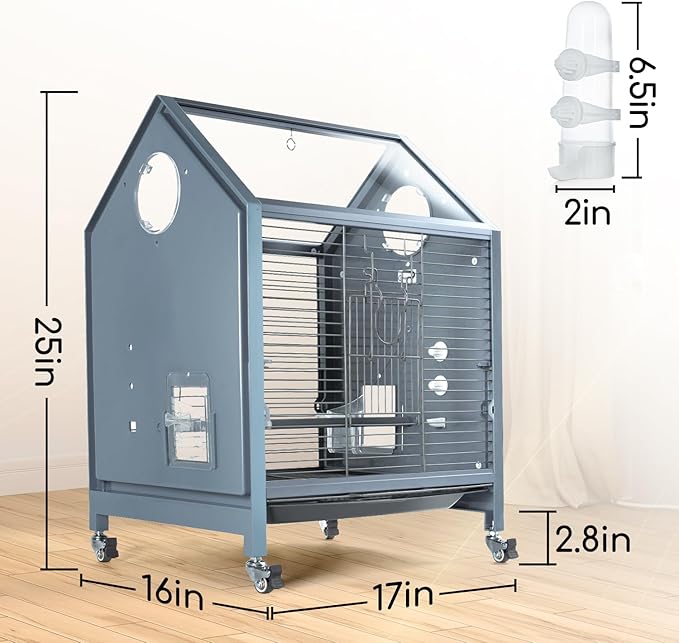 OIIBO Acrylic Bird Cage, 25 Inch Deluxe Rolling Bird Cage with Acrylic Panel Medium Bird Cage Kit with Bird Feeders, Water Bottle, Perch for Parrot Conures Lovebirds Finches Canaries Parakeets