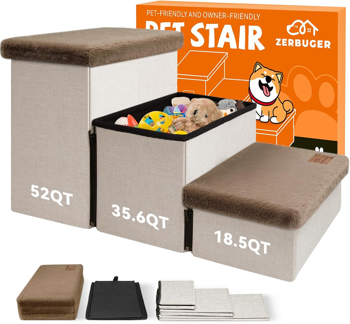 Dog Stairs with Furry Lids 18" H, 3-Step Wider Dog Steps with Storage for Small/Medium/Large Old Dogs Cats, Folding Sturdy Pet Stairs Climbing Bed Couch, Ramp for Car Up to 200 lbs, Khaki