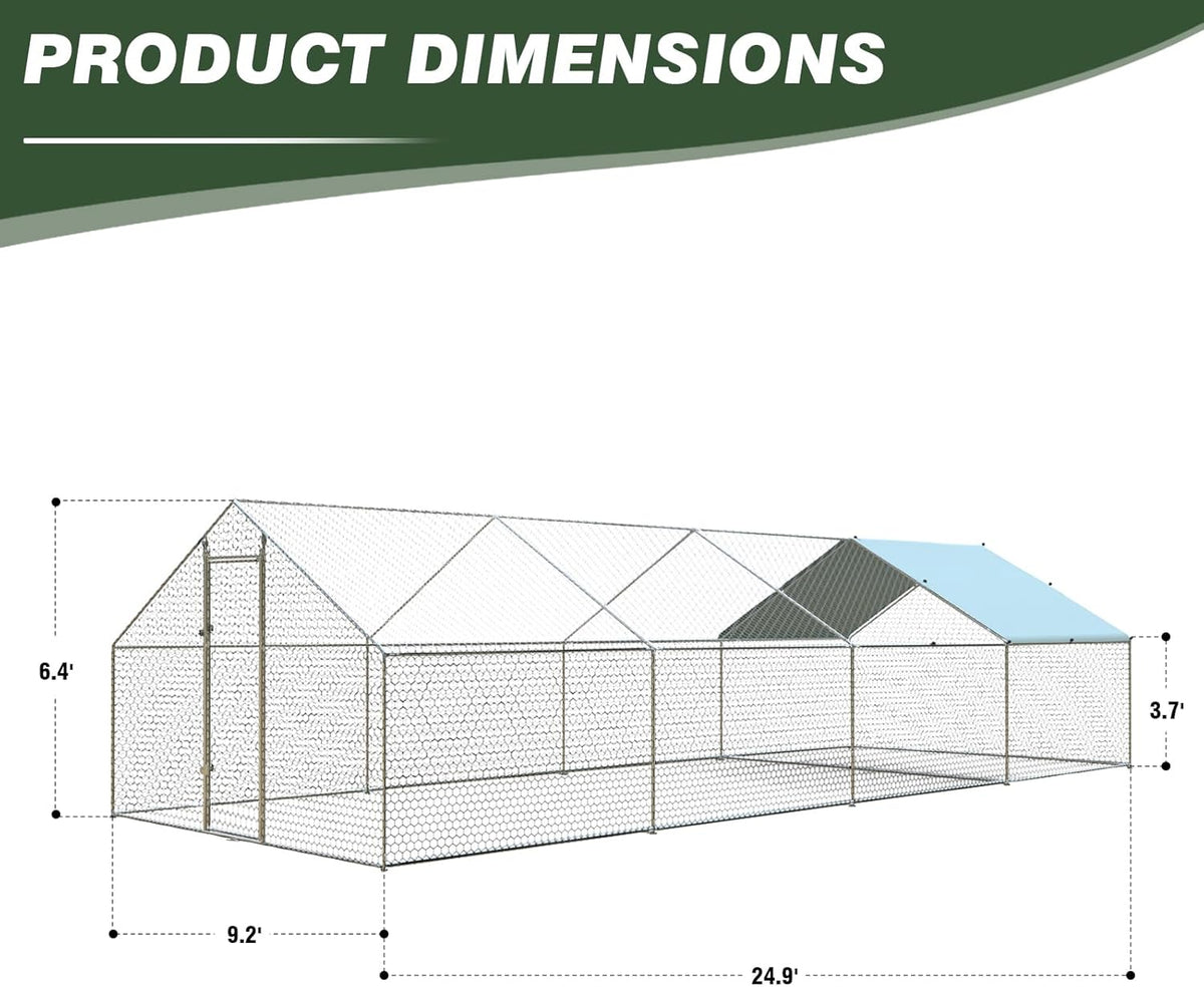 4ever2buy Large Metal Chicken Coop with Run Walk-in Poultry Cage Chicken Runs House Pen Cage Spire Roofed Chicken Coops with Anti-Ultraviolet Cover for Outdoor Backyard Farm Use 9.5’Lx24.9’Wx6.4’H