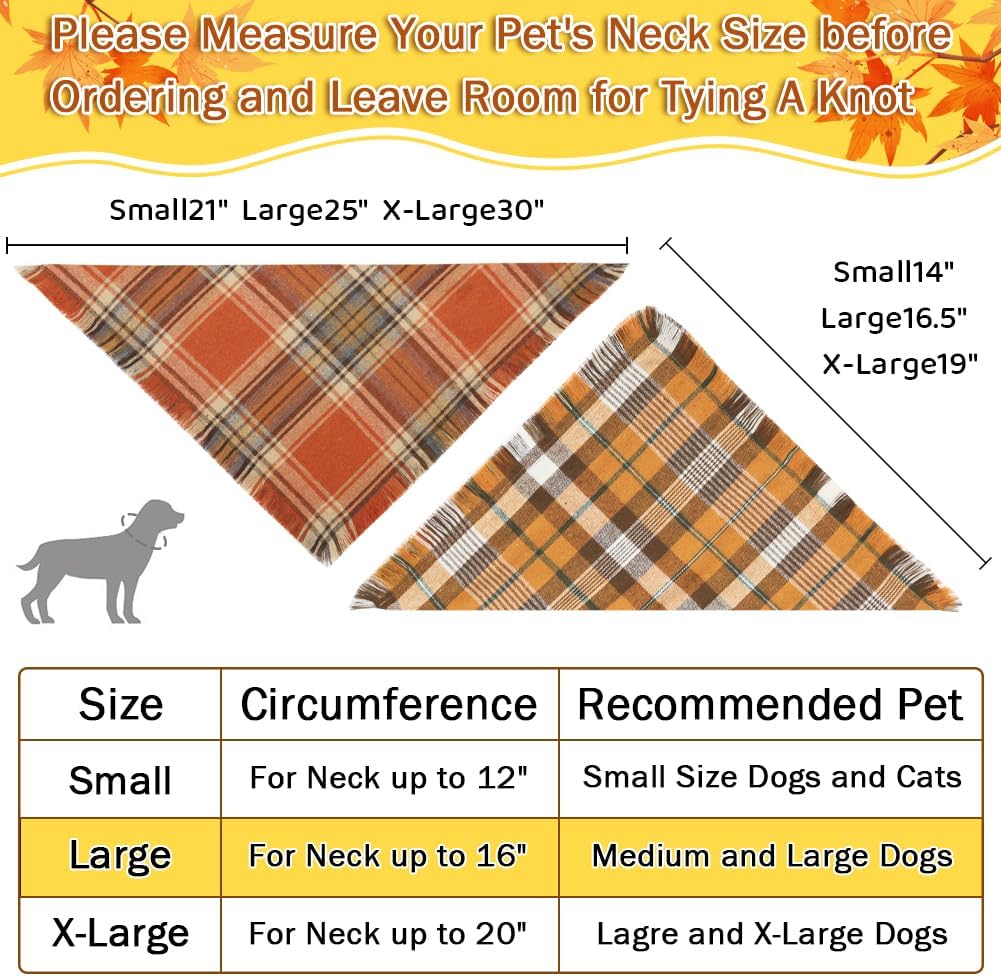 Vivifying Halloween Dog Bandana, 2 Pack Fall Thanksgiving Classic Plaid Dog Scarf with Tassels Edges, Funny Pet Apparel & Accessories Costume for Photo Prop, and Party Decor (Large, Yellow&Orange)
