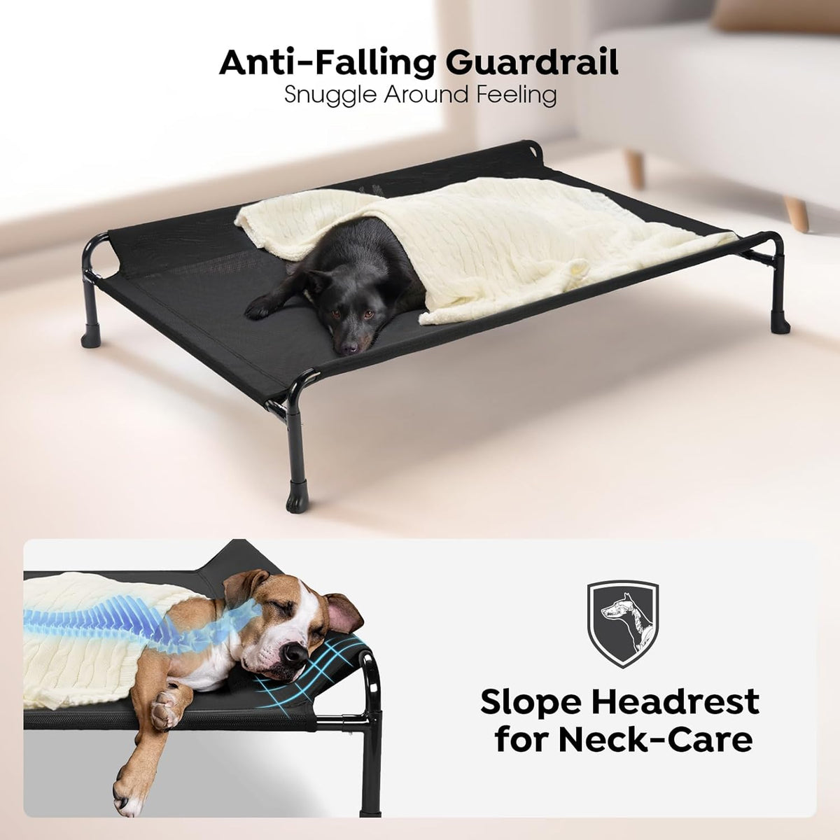 Veehoo Cooling Elevated Dog Bed - Raised for Large Dogs, Outdoor With Guardrail, Upgraded Non-Slip Feet, Breathable Teslin Mesh, Portable Camping Cot, 41 x 27 Inches, Black