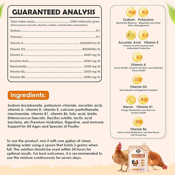 Chick’n Aid, 8 oz Essential Chicken Supplement, Ideal for Hydration, Immunity, Digestive Health. Enhanced with Poultry Vitamins, Electrolytes, and Probiotics, for Chickens, Ducks, Turkeys