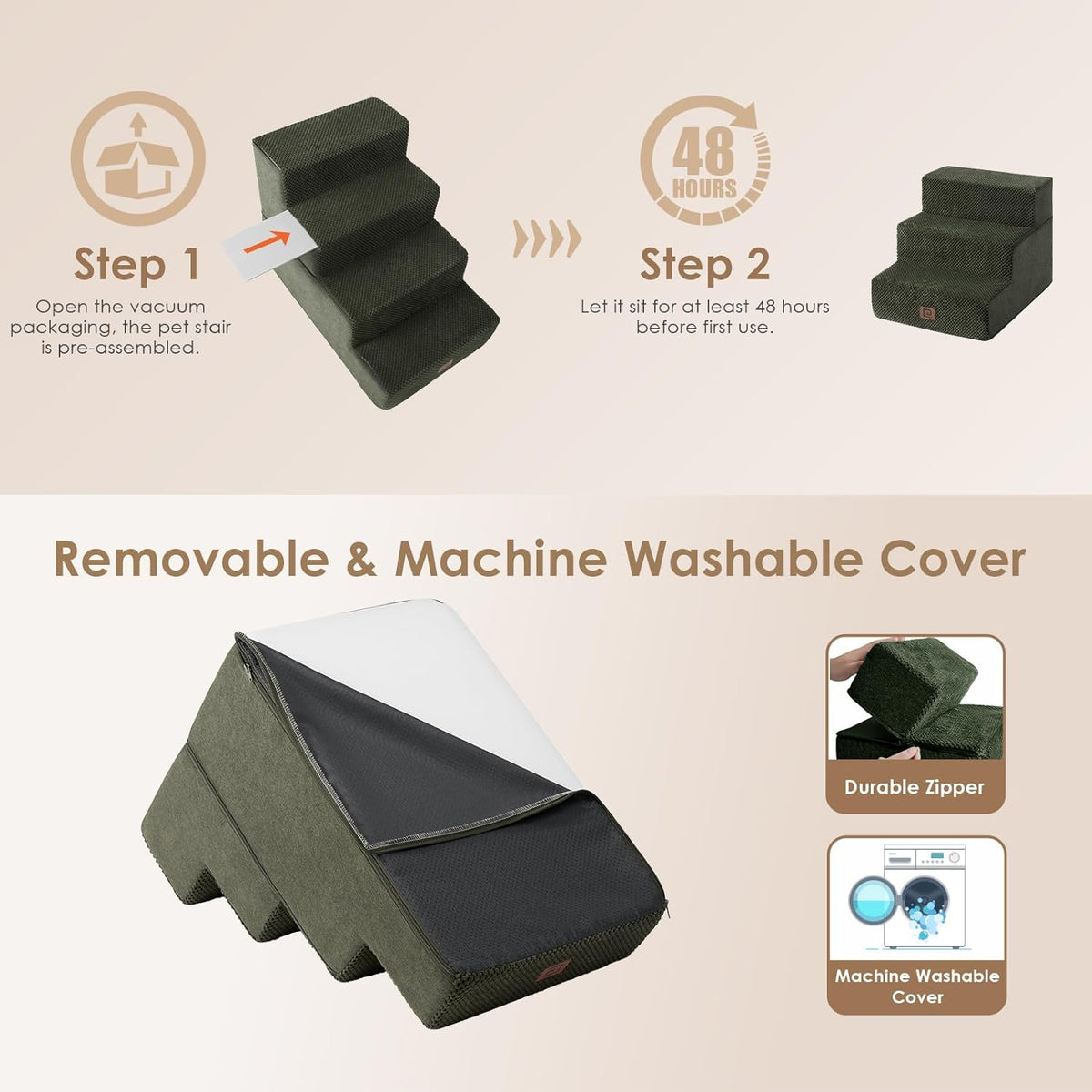 EHEYCIGA Dog Stairs for Small Dogs 13.5" H, 3-Step Dog Steps for Couch Sofa and Chair, Pet Steps for Medium Cats, Non-Slip Balanced Pet Ramp Indoor, Olive Green